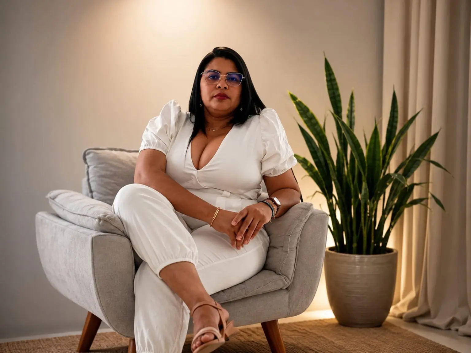 Dalilia Magalhães em um ambiente acolhedor