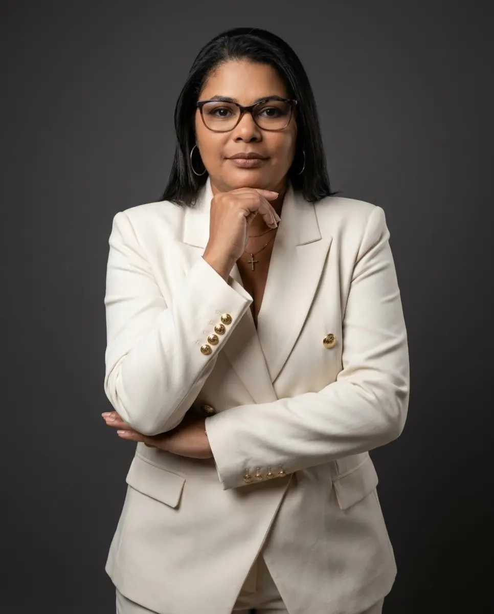 Dalilia Magalhães em retrato profissional com blazer claro